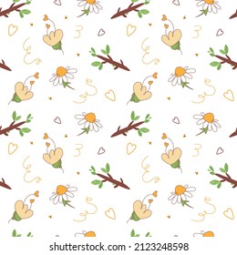 Seamless pattern in the children's style of twigs and flowers. Packaging paper, textiles.