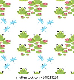 Seamless pattern for children's textile. Tree frogs with lily and dragonflies. Flat design style.