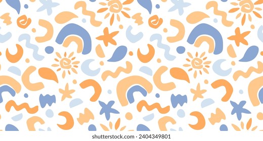 Seamless pattern for children's textiles. Abstract shapes, rainbow, sun, simple elements and figures. Vector graphics.