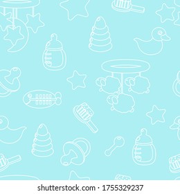 Seamless pattern for children's textiles, clothes, packages consisting of goods for newborns. Mobile, pacifier, duck, rattle drawn by a white kennel on a blue background.