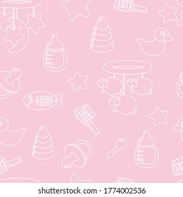 Seamless pattern for children's textiles, clothes, packages consisting of goods for newborns. Mobile, pacifier, duck, rattle drawn by a white kennel on a pink background.