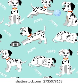 Seamless pattern for children's textiles clothes wrapping paper with funny dogs Dalmatian puppies in different situations playing with a ball with a bone sleeping Vector