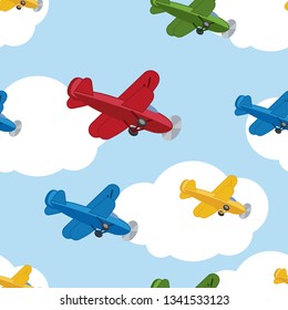 Seamless pattern for children's textiles and design of children's products with vintage biplane planes. Vector illustration