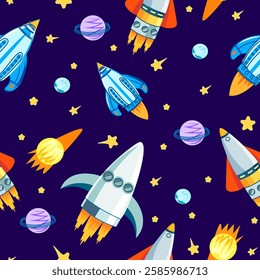 Seamless pattern children's textiles rockets planets space dark blue  space different types bright colorful rockets planets stars comets cartoon style wrapping paper Vector