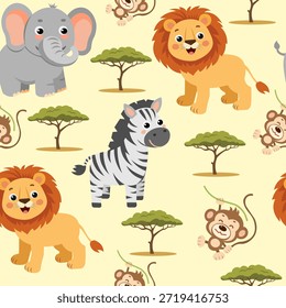 Patrón inconsútil para los textiles de los niños con los animales de la sabana cebra del elefante, animales lindos de la historieta del mono del león en un Vector amarillo claro del fondo