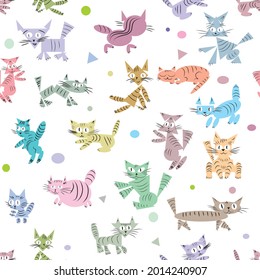 Seamless pattern for children's things with the image of funny kittens on a white background, figurines are made up of simple geometric shapes