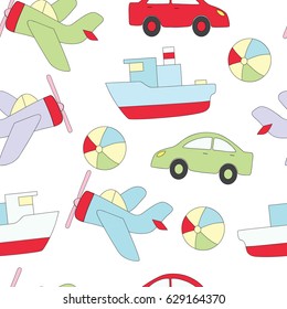 Seamless pattern with children's toys for the boy. A vector picture with a ball, the car, the ship, plane on a white background