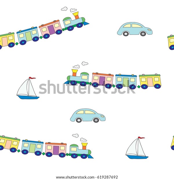 Seamless pattern with\
children\'s toys for the boy on a white background. The vector\
picture for\
preparation