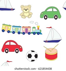 Seamless pattern with children's toys for boys on a white background. Vector picture