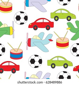 Seamless pattern with children's toys for boys. Vektoranya a picture on a white background with the machine, plane, a ball and a drum.
