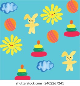 seamless pattern children's toys bunny pyramid sun ball for babies children's toys isolated on a blue background