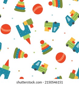 Seamless pattern with children's toys. Cartoon children's toy for boys and girls ball, car, pyramid and cubes. Vector illustration.