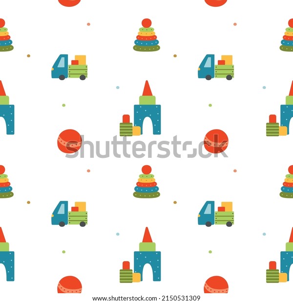 Seamless pattern with children\'s toys.\
Cartoon children\'s toy for boys and girls ball, car, pyramid and\
cubes. Vector\
illustration.