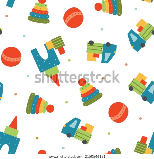 Seamless pattern with children\'s toys.\
Cartoon children\'s toy for boys and girls ball, car, pyramid and\
cubes. Vector\
illustration.