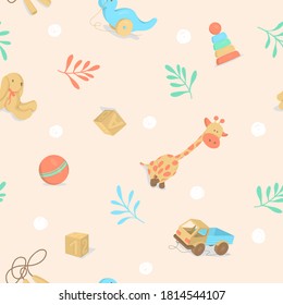 Seamless pattern with childrens toys. Colorful vector illustrations.