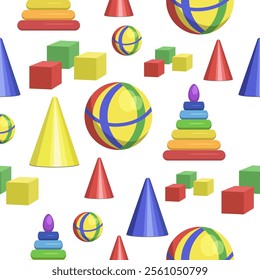 Seamless pattern of children's toys cubes,balls,pyramid on a white background.Vector pattern for children's designs,textiles,paper.