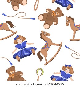 Seamless pattern of children's toys doll,bear,skipping rope,rocking horse on a white background.Vector pattern for children's textiles.postcards,packages.
