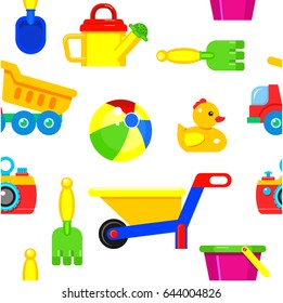 Seamless pattern children's toys. Toys for games on the beach in the sand.