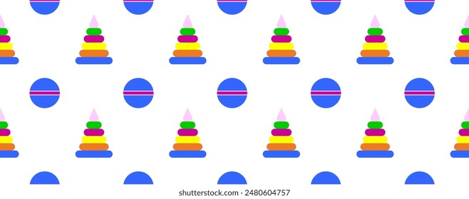 Seamless pattern with children's toys.  Multicolored pyramid and ball on white background. For fabric, linen, cover, background design. Vector illustration 