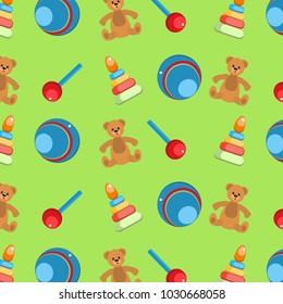 A seamless pattern with children's toys. Toys on a light green background.