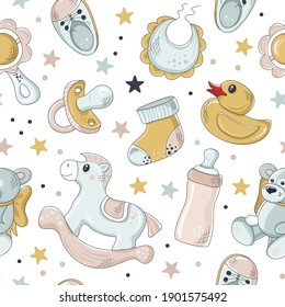 Seamless pattern with children's toys on white background. 
Great for baby textiles, wallpaper and nursery, baby tableware. Vector illustration.