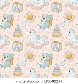 Patrón sin inconvenientes con juguetes para niños sobre fondo rosado. 
Ideal para tejidos para bebés, papel pintado y vivero, vajilla para bebés. Ilustración vectorial.