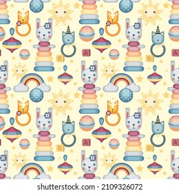 Seamless pattern with children's toys on a yellow background.