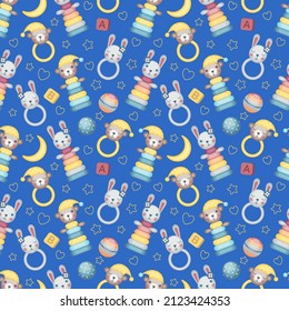 Patrón sin brillo con juguetes para niños en un fondo azul oscuro. Ornamento vectorial en un tema infantil.