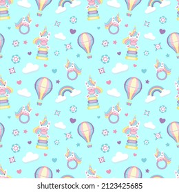 Seamless pattern with children's toys on a blue background. Unicorn, clouds, rainbow, hot air balloon. Vector ornament in a children's theme.