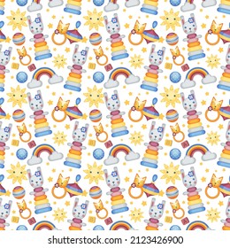 Seamless pattern with children's toys on a white background. Vector ornament in a children's theme.