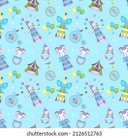 Patrón sin foco con juguetes para niños sobre fondo azul en un tema circense. Ornamento vectorial.