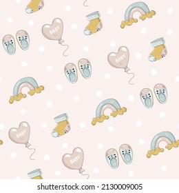 Seamless pattern with children's toys on pink background. Vector