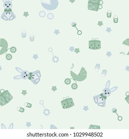 A seamless pattern with children's toys in pastel green tones. For decorating textiles, packaging. Vector illustration.