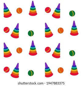 
Patrón transparente de juguetes para niños. Colocar anillos y bolas de colores sobre un fondo blanco.