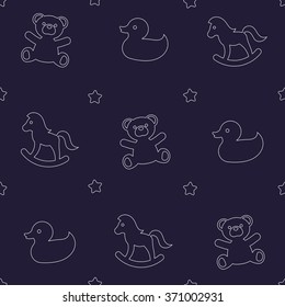 Seamless pattern with children's toys and stars, white on dark blue