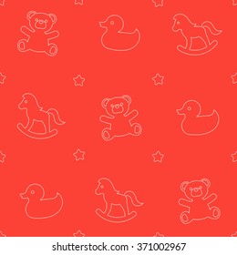 Seamless pattern with children's toys and stars, white on red