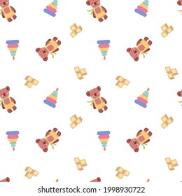 Seamless pattern with children's toys. Teddy bear, cubes and pyramid for small children. Vector endless texture on a white background