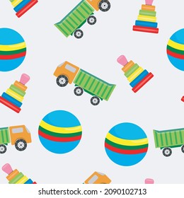 Patrón sin foco con juguetes para niños: camión, pirámide y bola. Gráficos vectoriales