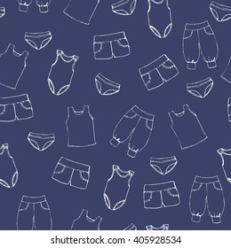 Seamless pattern of children's underwear on a blue background, panties, shorts, sports shorts, baby bloomers, children's pants, bodysuits
