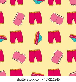 Seamless pattern of children's underwear on a blue background, panties, baby bloomers, knitted panties. Figure children's clothing.