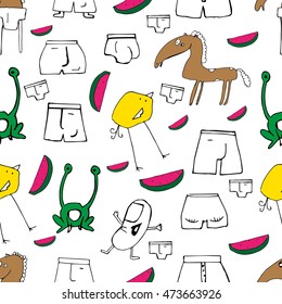 Seamless pattern for children's underwear textile. Doodle elements. Stylized hand drawn animals and underpants. Bright colours