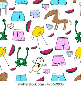 Seamless pattern for children's underwear textile. Doodle elements. Stylized hand drawn animals and underpants. Bright colours