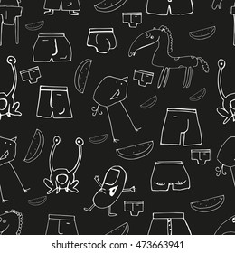 Seamless pattern for children's underwear textile. Doodle elements. Stylized hand drawn animals and underpants. Black and white