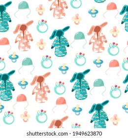 Seamless pattern with children's winter clothing and toys