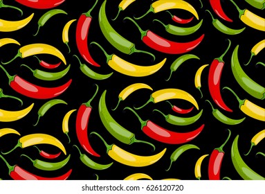 seamless pattern. Chile pepper. green, yellow and red.  vector illustration. black background.