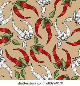 Seamless pattern with chile pepper.Farm market product.Vector illustration.Great for menu, label, icon.Organic eco vegetable food