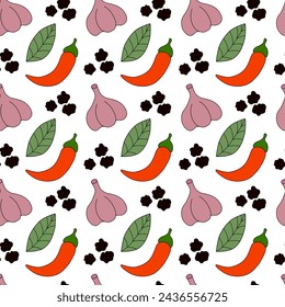 Seamless pattern with chili, bay leaf, black pepper, garlic. Spices, condiments and herbs background. Kitchen wallpaper. Vector flat illustration.