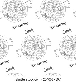 Seamless pattern from Chili con carne with beans and slices with lettering. Latin American food.