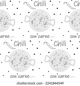 Seamless pattern of chili con carne in large pot and inscription and chili peppers on the background