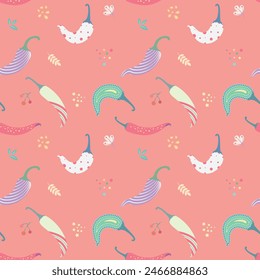 Seamless pattern with chili pepper in cartoon style. Pink background. Perfect for baby and children's clothing design. Cover design, fabric print, baby shower, wrapping paper design and wallpaper.